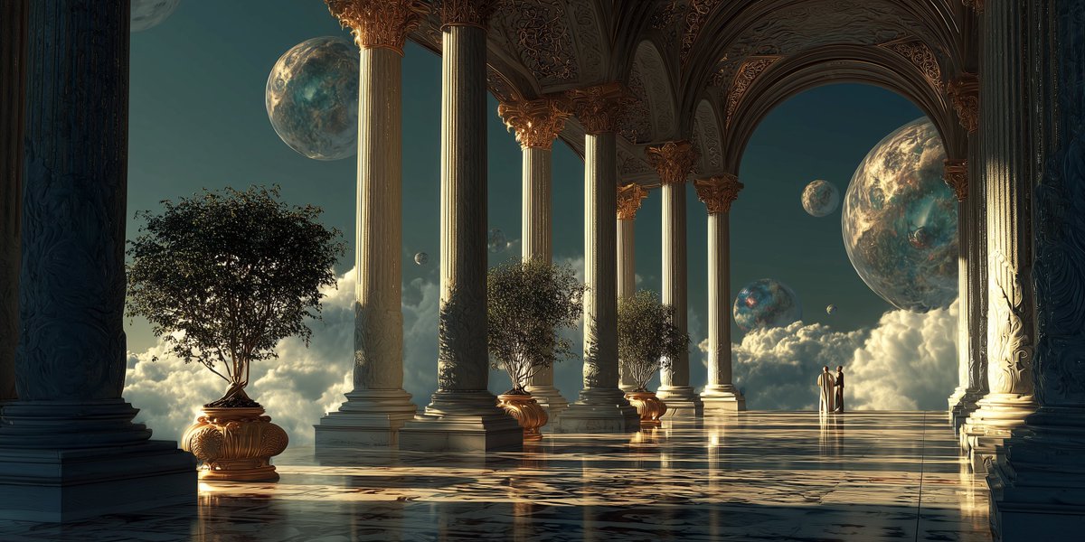 MuseionObsessed's tweet photo. In the hush of a floating palace, where marble whispers secrets to the stars, two wanderers in flowing robes chase the horizon. 

Gilded columns rise like forgotten gods, cradling iridescent worlds that bob through cotton-cloud skies. 
A realm where gravity dreams—and reality blushes. 🌌📷✨

#artworks #musa #ethereum