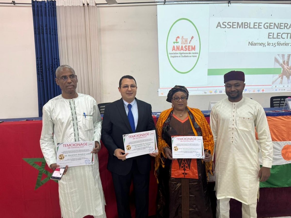 MoroccoNiger's tweet photo. 🇲🇦🤝🇳🇪 Niamey le 15/02/2026 : Le  Chargé d’Affaires a.i. de l’Ambassade du Royaume du Maroc au Niger, M. Jaafar Debbarh, a pris part à la cérémonie d’ouverture de l’AG Élective de l’Association Nigérienne des Anciens Stagiaires et Étudiants du Maroc (ANASEM). https://t.co/gAFH2UK4QS