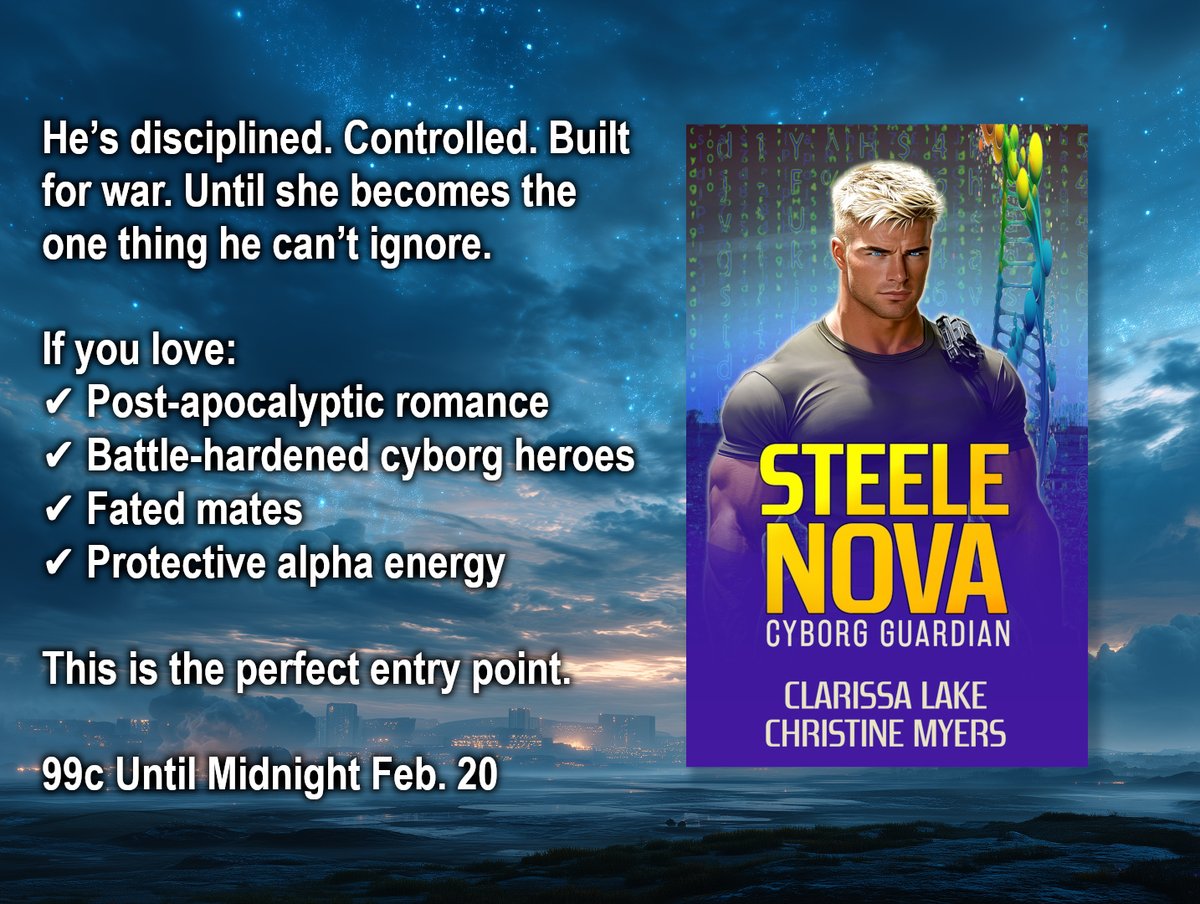 Disciplined. Dangerous. Devoted. Steele Nova — Book 1 of the Cyborg Guardians — is just $0.99 this week. Sale ends Friday. amazon.com/dp/B0DJZT9HCW
#SciFiRomance
 #CyborgRomance
 #PostApocalypticRomance
 #FatedMates
 #KindleUnlimited