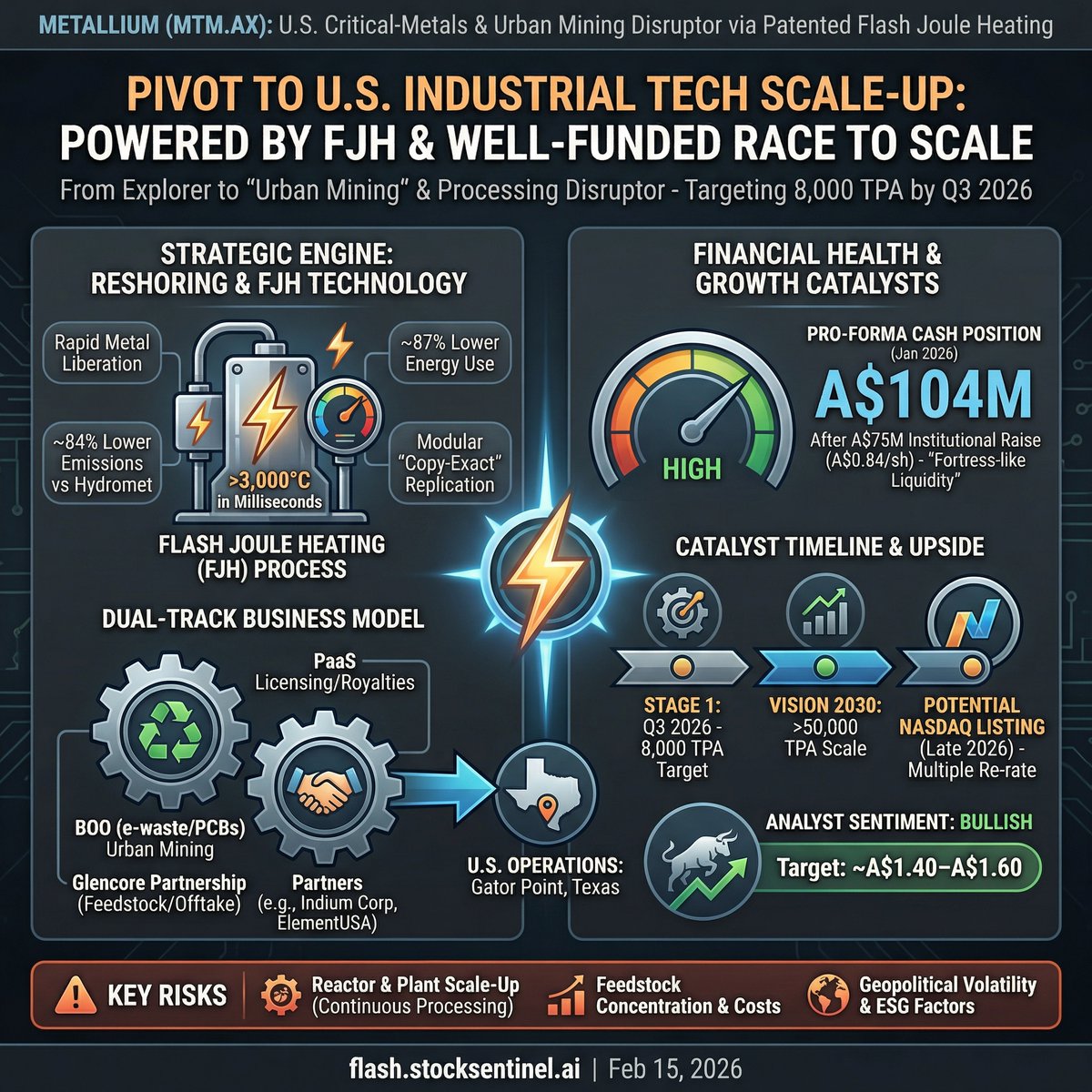 $MTM.AX: Metallium is pivoting into U.S. “urban mining” with Flash Joule Heating at its Texas Gator Point campus. A$75m raise lifts pro-forma cash to ~A$104m, funding the push to 8,000 TPA by Q3 2026. The upside is a modular scale story plus licensing royalties, but execution at