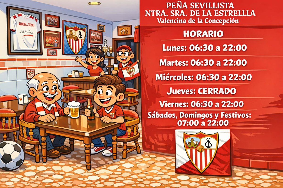 ❤️🤍❤️ Vive y siente tu sevillismo en tu pueblo, en tu peña...
⏰ 𝐍𝐮𝐞𝐬𝐭𝐫𝐨 𝐇𝐎𝐑𝐀𝐑𝐈𝐎 𝐃𝐄 𝐓𝐄𝐌𝐏𝐎𝐑𝐀𝐃𝐀 ¡¡Os esperamos!!
Hoy Jueves, cerrado por descanso

Peña Sevillista de Valencina - Nuestra Señora de la Estrella
#SevillismoEnValencina #LaPreviaEnTuPeña