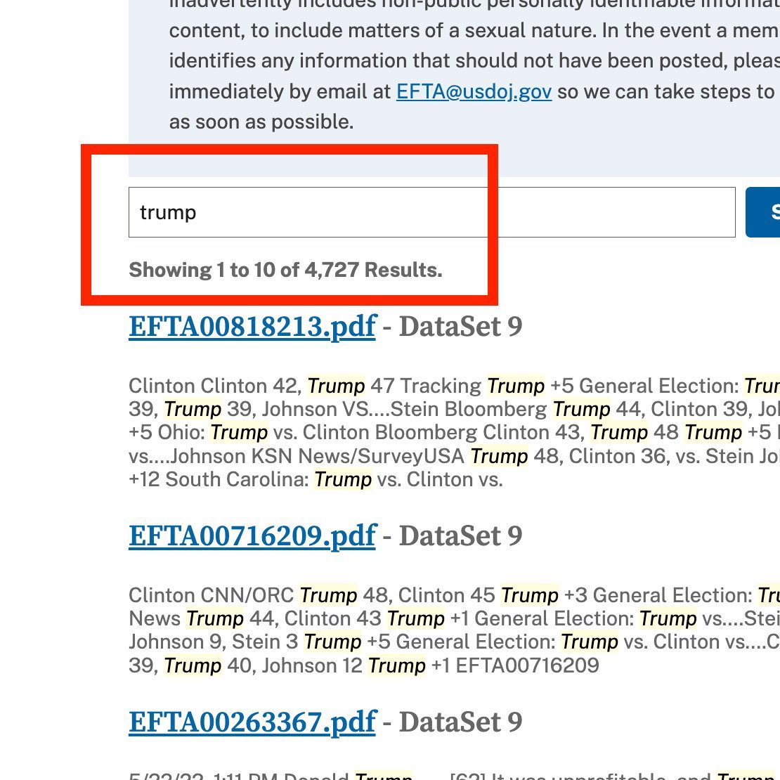 iamufohunter's tweet image. BREAKING : Epstein documents mentioning Trump's name continue to disappear

Another 71 Epstein Files with the word Trump deleted from the DOJ Website

We are now down from 5,361 to 4,727 - 634 files are gone