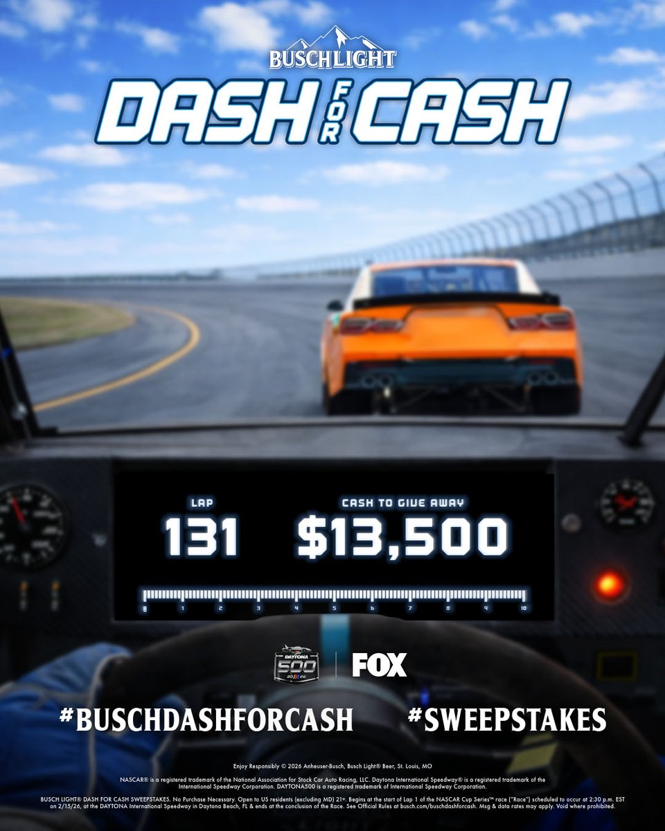 BuschBeer's tweet image. LAP 131 AND THERE'S STILL A FEW MORE CHANCES TO WIN!

Reply RIGHT NOW with #BuschDashForCash #Sweepstakes for a chance at $500 and the $10K GRAND PRIZE! #DAYTONA500