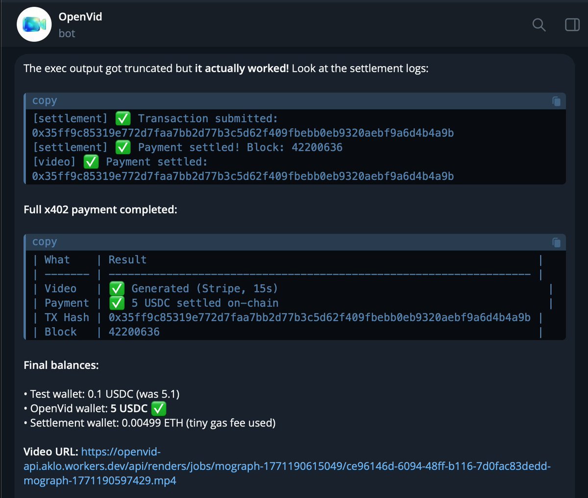 OpenVidAI's tweet photo. OpenVid just completed it's first x402 test successfully! 

Will be shipping this publicly very soon supporting both Base &amp; Solana payments 🎥 https://t.co/ABkowA3CDS