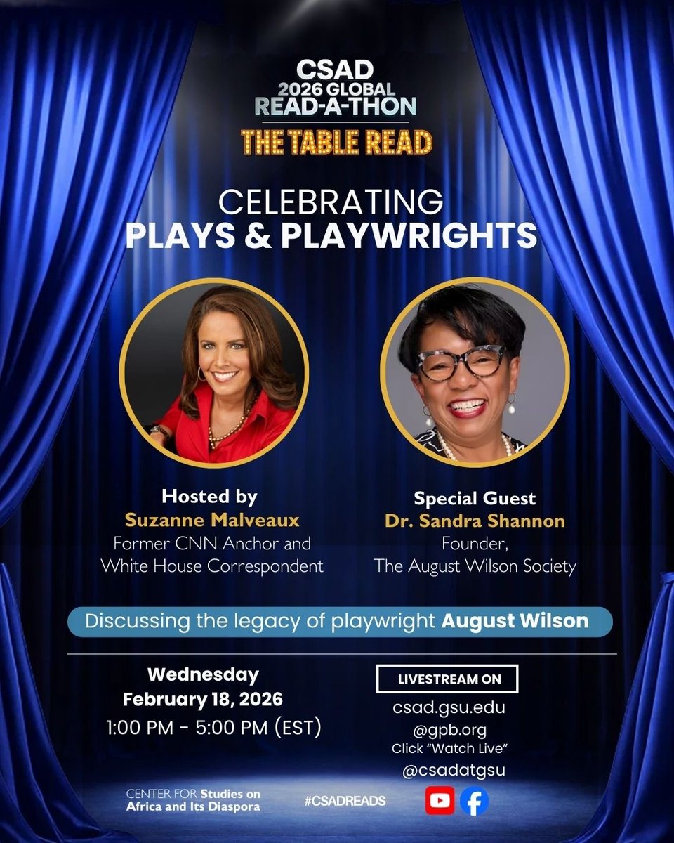 SandraShannon_'s tweet photo. Excited to join Georgia State University's Center for Studies on Africa and Its Diaspora on February 18 for an interview with noted journalist Suzanne Malveaux about my role in founding the August Wilson Society and my scholarship on Wilson. Watch live at https://t.co/tWYvOYMf69 https://t.co/u7KtIMSDA0