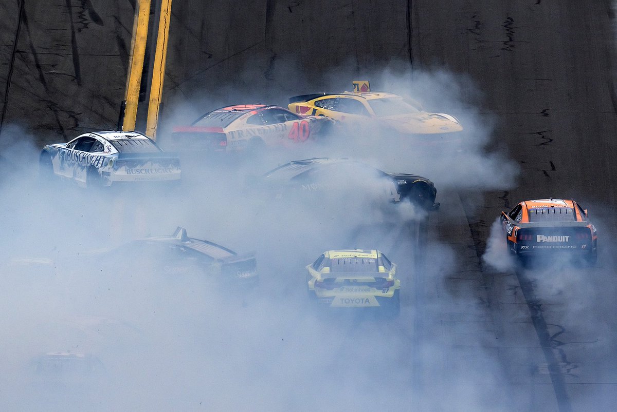THE BIG ONE!! 20 drivers involved in a huge crash during the #DAYTONA500 involving Justin Allgaier, Todd Gilliland, Denny Hamlin, Kyle Larson, Alex Bowman, Ty Gibbs and numerous others. 💥 

📸 <a href="/rebilasphoto/">Mark J. Rebilas</a>