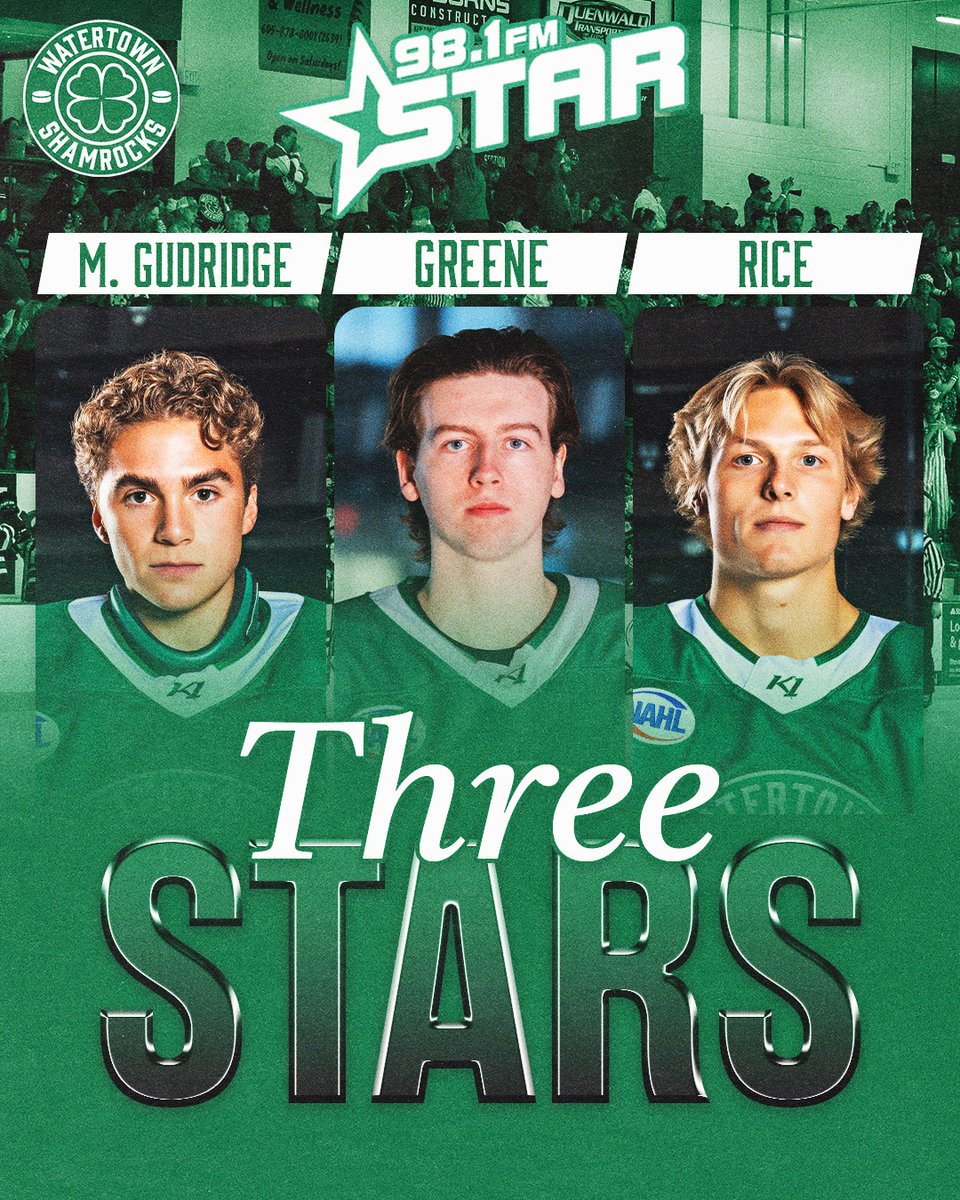 Fresh off a sweep, we celebrate this week's Star 98.1 Three Stars of the Week!

⭐ Mason Gudridge (2 wins, shutout, .958 sv%)
⭐⭐ Kyle Greene (2 goals, assist)
⭐⭐⭐ Joe Rice (GWG, 2 assists)

#PuckLuck🍀