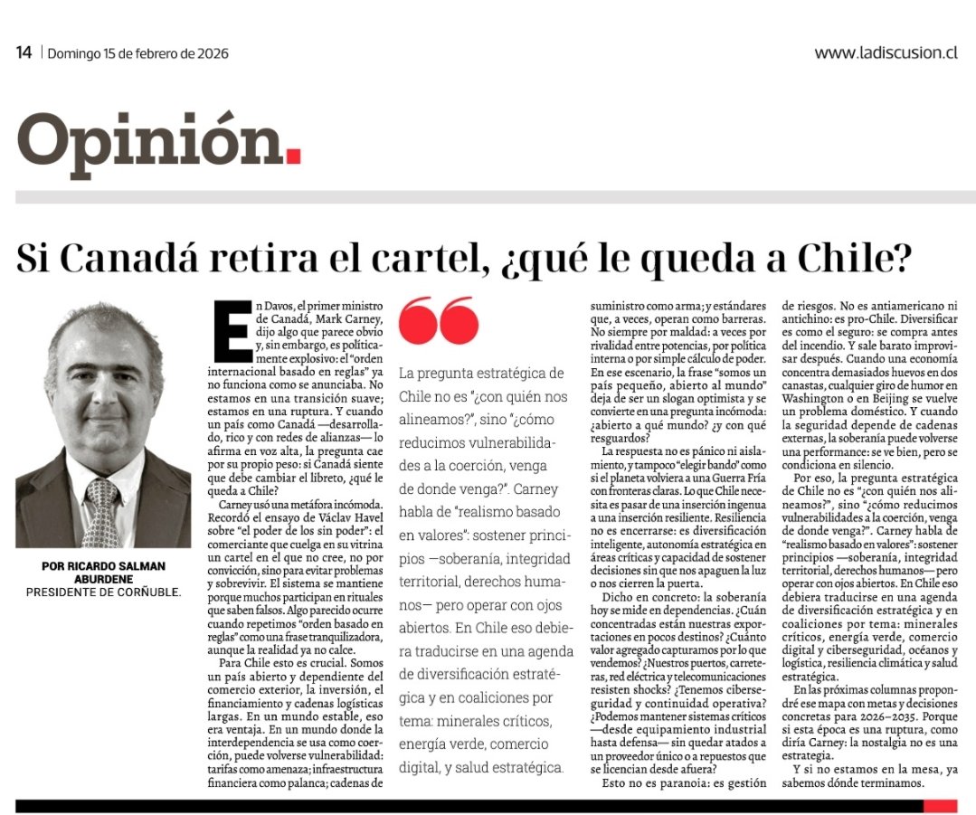 Si hasta Canadá cuestiona el orden basado en reglas, Chile no puede seguir actuando como si nada cambiara.
Diversificar no es ideología: es gestión de riesgos.
“Si Canadá retira el cartel, ¿qué le queda a Chile?”
#Chile #ComercioExterior #RealismoEstratégico