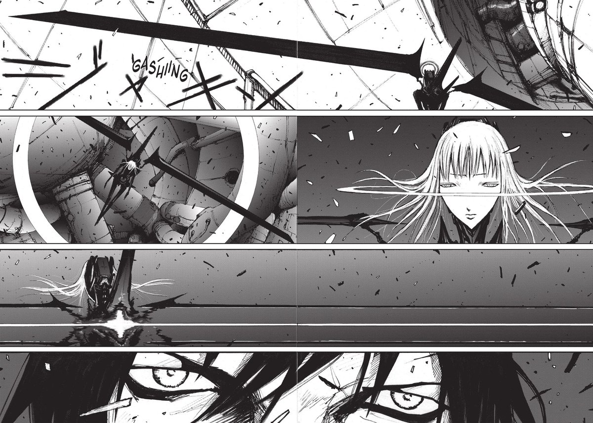 EARTHM0VERRR's tweet image. Blame!✅: 7.5-8/10

The story being told mostly through the art and not dialogue made for a unique experience. Insanely good worldbuilding and I liked Killy as an MC. Sometimes the plot was too vague and left me confused but I'm sure I could pick up more with a reread.
#blame