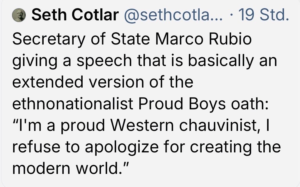 #miosga 

The fact that large parts of the German media landscape “reported” on this White nationalist fever dream of a speech by Rubio as merely reaffirming the transatlantic alliance is so far removed from reality that it truly makes me speechless.