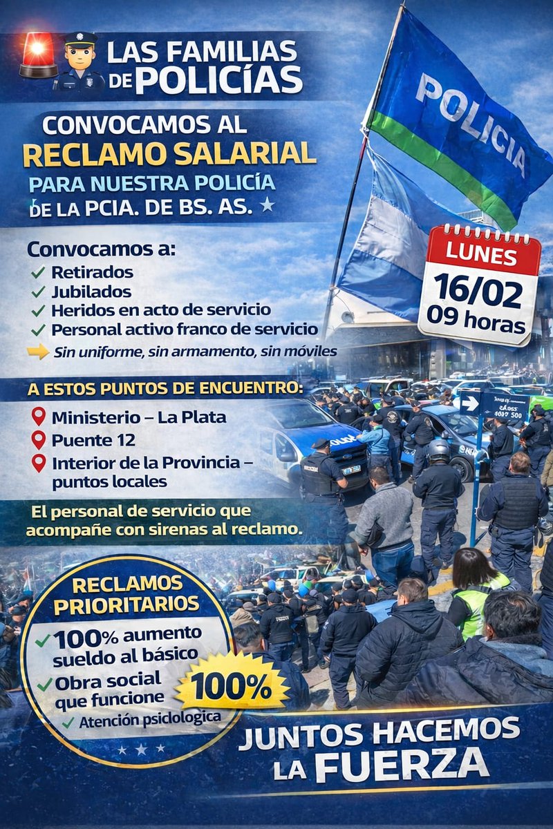 👮🚨Reclamo salarial de los policías bonaerenses.
Convocan para mañana, a las 09.00 AM, en La Plata, Puente 12 y localidades del interior. Invitan a familiares, retirados, heridos en servicio y efectivos de franco, de civil