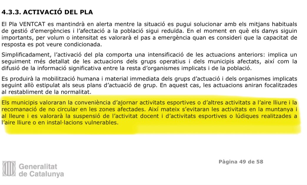 clesoler's tweet photo. @AleixSerraUro @emergenciescat El Pla expressament diu que és el municipi -és a dir, vosaltres- qui ha de ponderar i decidir la suspensió. Pel que dius, ni ho vau fer. Assumir la responsabilitat de l’autèntic desastre d’organització tampoc ho fareu, no? Almenys deixeu d’enganyar, que encara us retrata més. https://t.co/Cun924o3HX