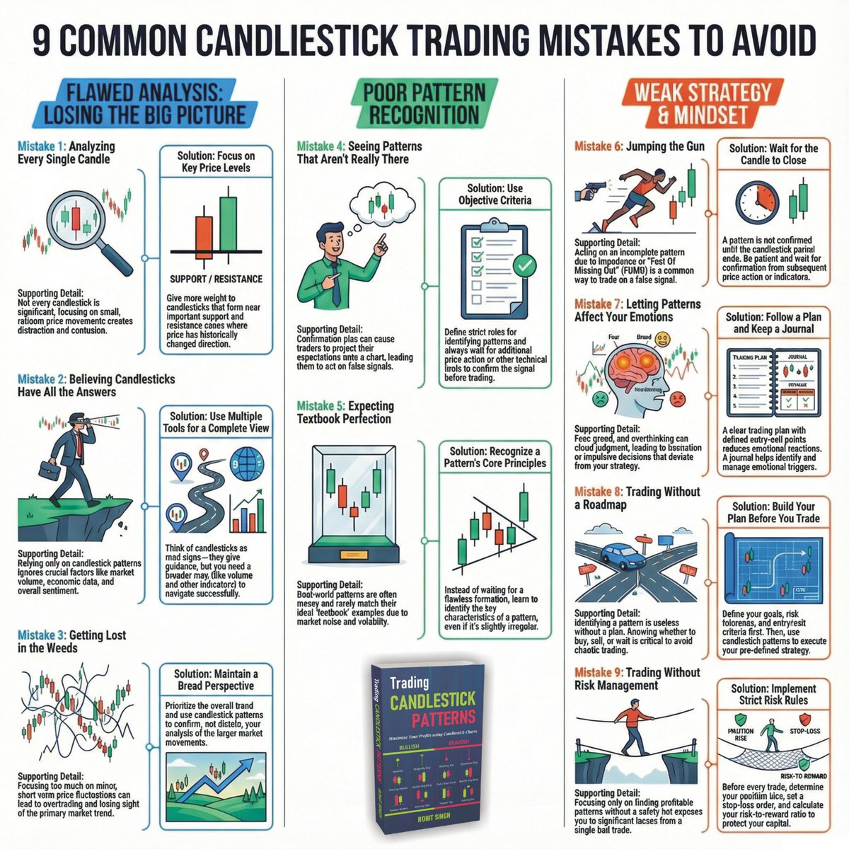 9 Candlestick Trading Mistakes to Avoid:

Common Pitfalls That Sabotage Traders

Many traders fail because they:

· Overanalyze every minor price movement

· Rely solely on candlesticks without other tools

· Lose sight of the bigger trend

· See patterns that don't actually