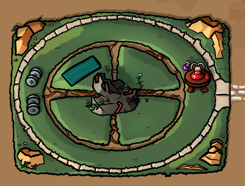 Shrine of Health with Upgrades:
Blessing of Balance - Stone Path 
Vitality - Roots and vines 
Healthy Drink - Distiller 
Healthy Living - Yes