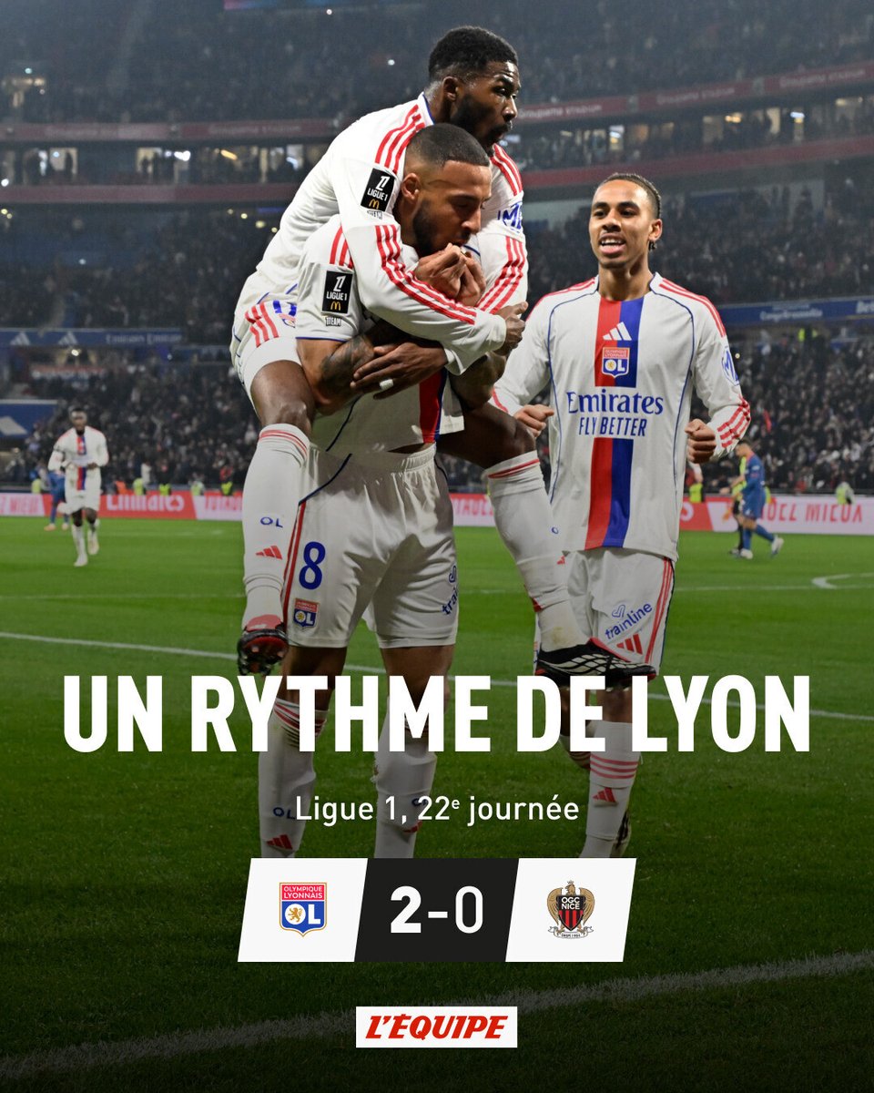 L'OL a signé sa treizième victoire de rang, toutes compétitions confondues, contre Nice (2-0). Troisièmes de Ligue 1, les hommes de Paul Fonseca prennent cinq points d'avance sur l'OM. l.lequipe.fr/zZn