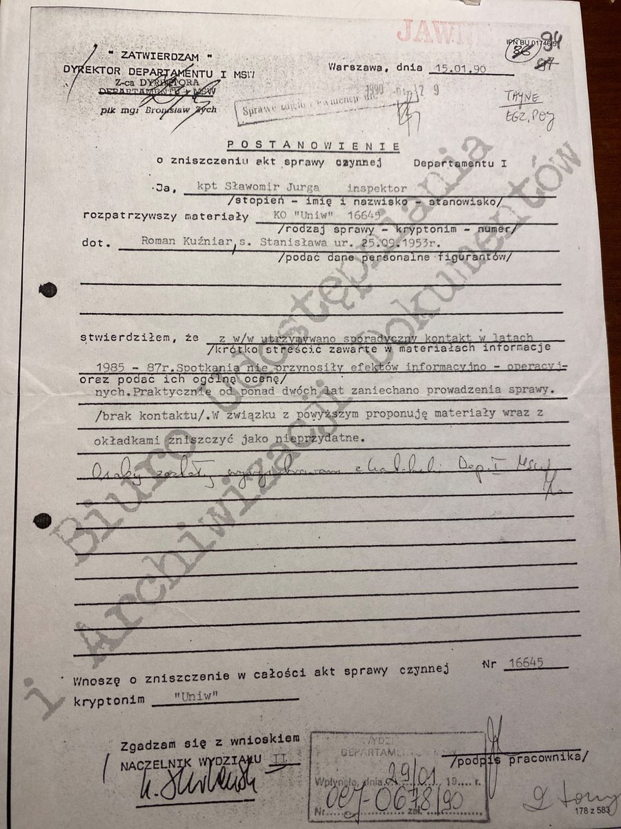 „Zniszczenie akt sprawy czynnej Departamentu I” 15.01.1990. Roman Kuźniar, Kontakt Operacyjny „Uniw”. Chyba od komunistycznej bezpieki przejął nienawiść  do USA.