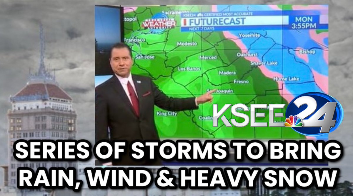 Series of storms this week will bring moderate to heavy rain and gusty winds to the Central Valley. A Winter Storm Warning will be in place for the Foothills and Mountains. Heavy snow expected in the Sierra above 6,000 feet. Snow levels could drop to 3,000 feet by Wednesday AM.