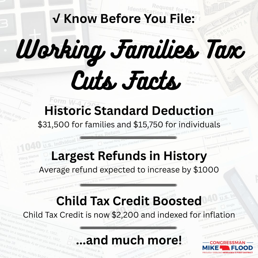 USRepMikeFlood's tweet photo. Filing your taxes this weekend?

Thanks to President @realDonaldTrump and @HouseGOP, you may have noticed a few savings:

💵 Standard Deduction is increased PERMANENTLY
💰 LARGEST tax refunds in history expected
👪 Child tax credit BOOSTED

... and so much more! https://t.co/Lup8YsCTzl