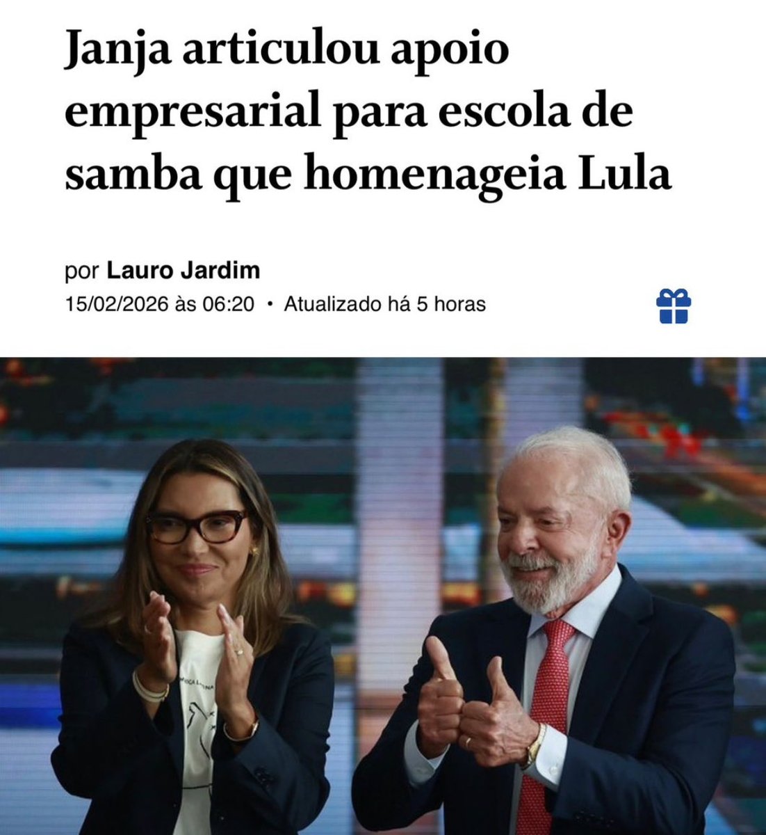 Olha isso: Janja articulou doações de empresários próximos a Lula para a escola de samba Acadêmicos de Niterói, que desfila hoje homenageando o presidente com o enredo "Lula, o operário do Brasil". Ela ainda vai desfilar como destaque, junto com ministros. E o TSE já alertou
