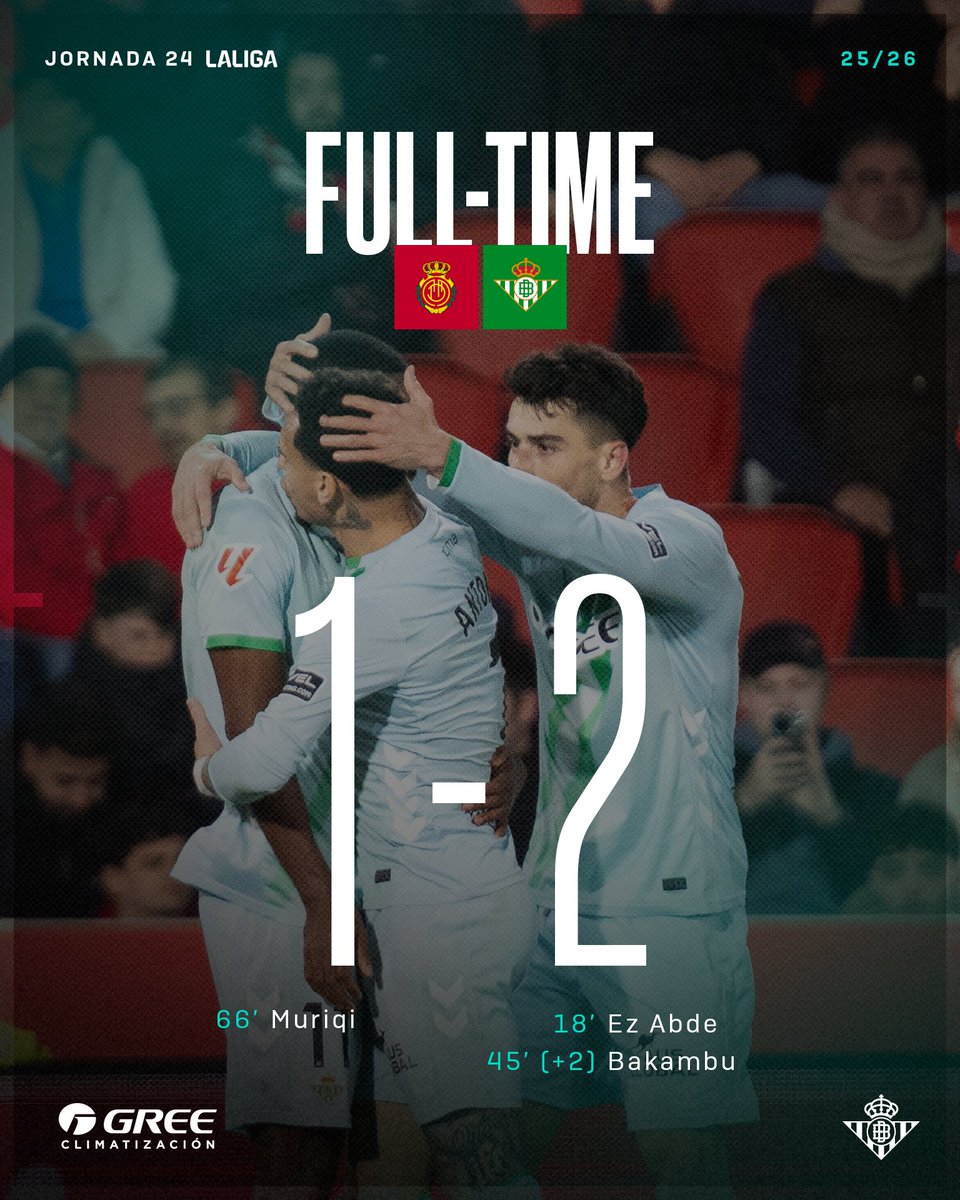 90' (+4') ⏱⚽️ ¡¡Final del partido!! ¡¡Sumamos tres puntos más!!

🔴⚫️ #MallorcaRealBetis 💚🤍

#DíaDeBetis