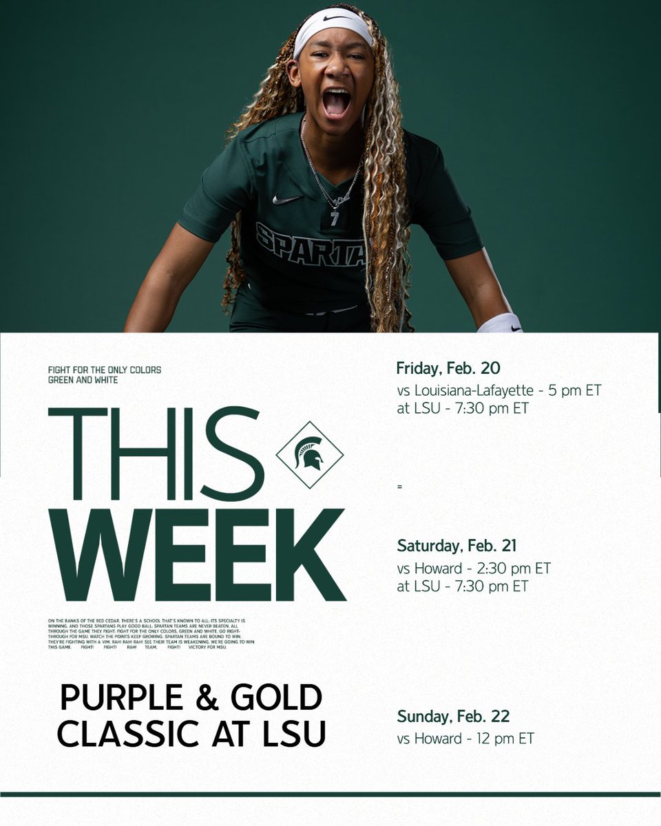 MSU_Softball's tweet photo. Headed to the Bayou!

Five games on tap this weekend at LSU.

#GoGreen   |   #FinishtheFight https://t.co/VHYvOx5lQj