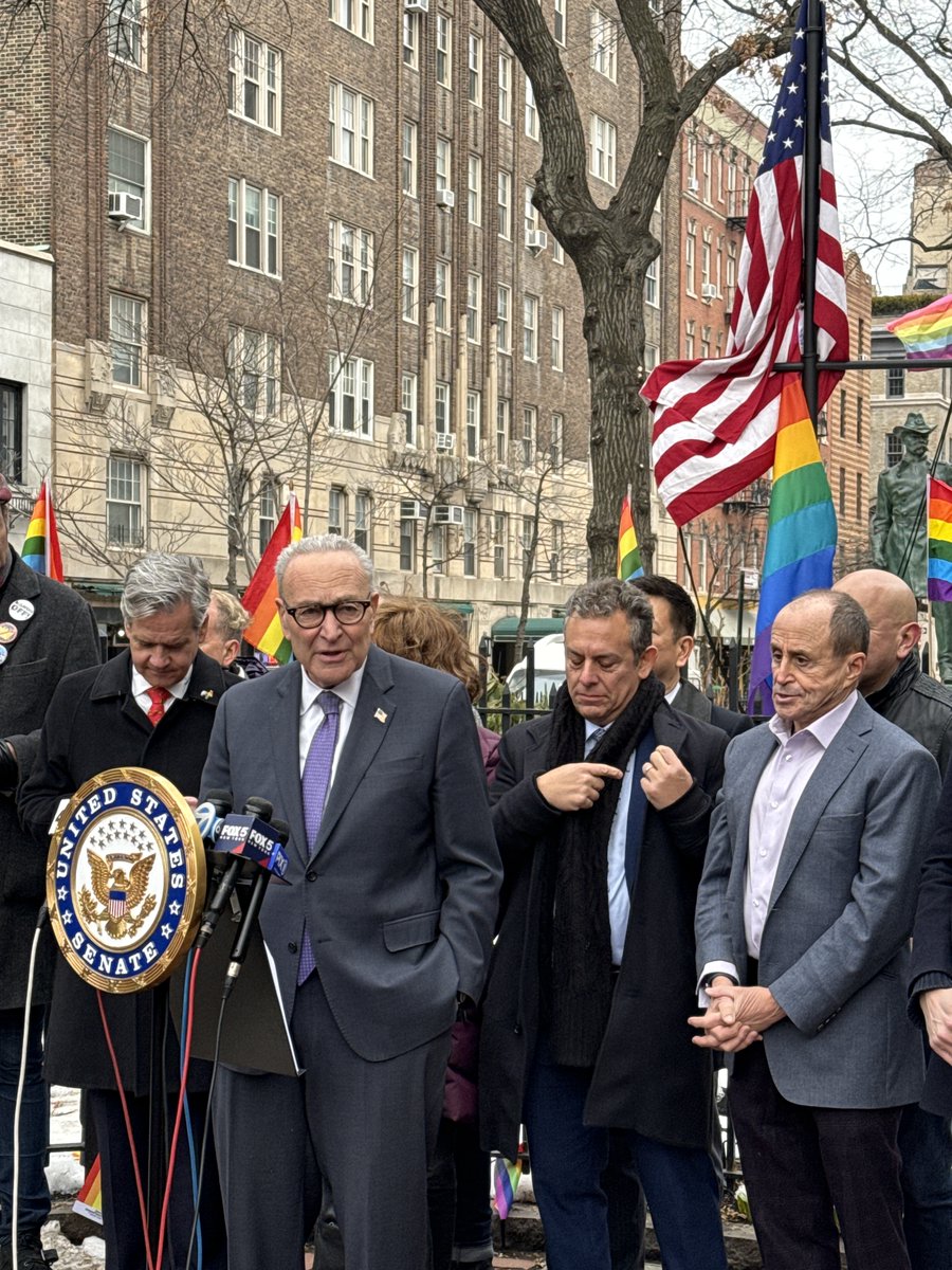 SenSchumer's tweet photo. The Stonewall Inn is sacred ground. 

Last week, Donald Trump attacked not just the LGBTQ community, but all of us who care about pride and equality in NYC when he ordered the removal of the pride flag from the Stonewall National Monument.

Today, I was proud to stand with @TonySimone, @ebottcher, @JimOwles, @BradHoylman, @HRC, @Stonewall_Democrats, @housingworks, and the Gilbert Baker Foundation to announce that I will be introducing federal legislation to make the Pride Flag a congressionally authorized symbol.

We will not allow Donald Trump to engineer a crusade against the LGBTQ community and rewrite history.