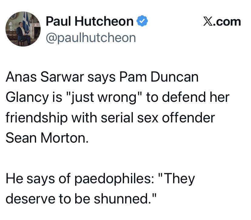 So Starmer is pulled up for not acting quickly or ruthlessly enough in relation to a Labour official not terminating his links to said sex offender 

*yet*

Anas Sarwar also did the same in not withdrawing the Labour Whip from Pam Duncan Smith !

What me guv ?