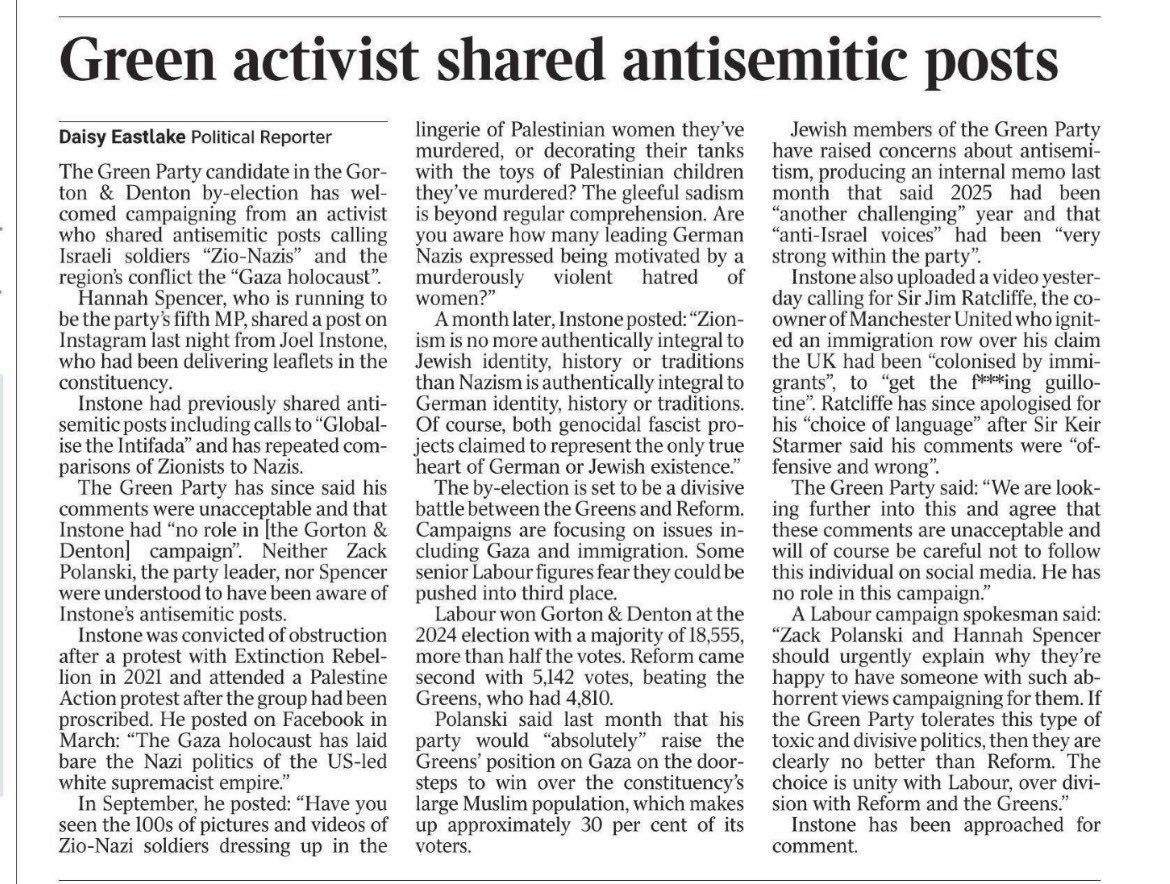 An Extinction Rebellion conviction. Keen on racist vandals. Supports terrorism. Calls Israelis Nazis. Spews violent language.

And on the Green campaign in Manchester. Perfect for the extremist party!

If there is any embarrassment, may I suggest the party look at people's...