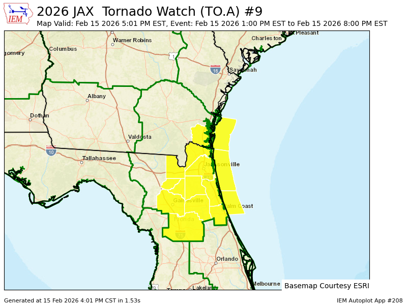 JAX updates Tornado Watch (cancels 7 counties, continues 15 areas) till Feb 15, 8:00 PM EST mesonet.agron.iastate.edu/vtec/f/2026-O-…