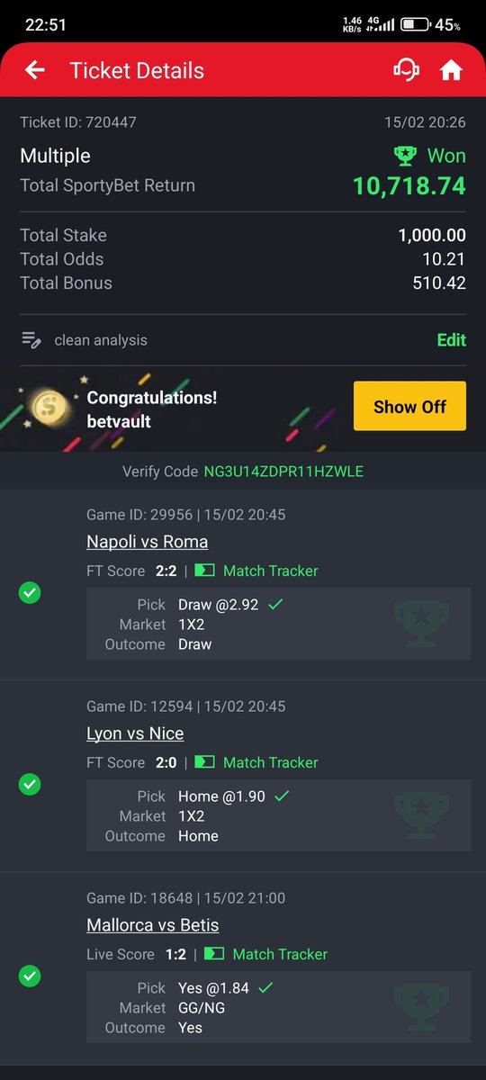 bet_vault's tweet photo. Clean analysis, clean results. ✅
​The Napoli vs. Roma draw was the anchor here. I saw the tactical stalemate coming from a mile away. Coupled with Lyon’s home dominance and a high-probability GG in the Betis game, we hit the 10.21 odds sweet spot. https://t.co/f03RaHVWG9