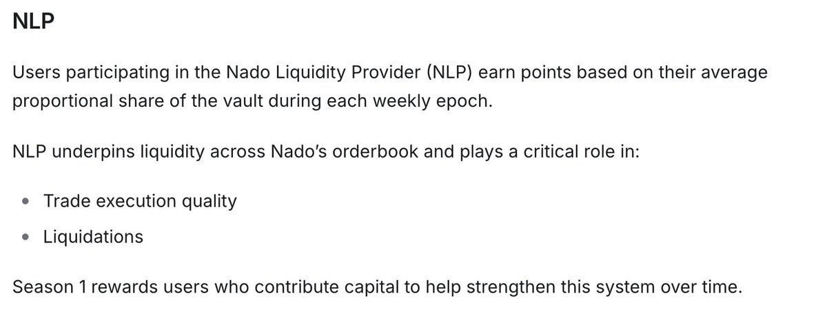 Za depozyt w Nado Liquidity Provider (NLP) otrzymuje się punkty pod 🪂 oraz yield ~60% APR. Oczywiście istnieje ryzyko SC - ale kto nie ryzykuje ten nie dostaje dropa ;)

W tym tygodniu zaplanowany jest kolejny raise cap w NLP vault – zarezerwowany wyłącznie dla posiadaczy