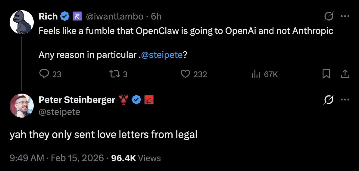 Maybe the fumble of the decade by <a href="/AnthropicAI/">Anthropic</a>.

The most popular and fastest growing open source project of all time is not only named after you, but most users are power users of your product.

Instead trying to collaborate or work with him they chose violence 😭
