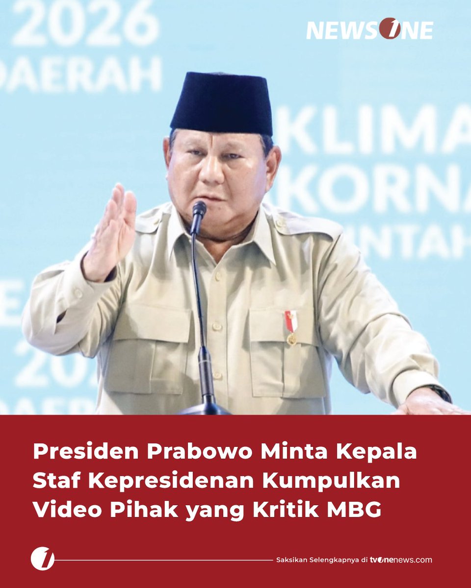 tvOneNews's tweet photo. Presiden Prabowo Subianto perintahkan Kepala Staf Kepresidenan Muhammad Qodari untuk mengumpulkan video para pihak yang mengkritik dan menghina program Makan Bergizi Gratis (MBG).

#HardNews_Politik #NewsOne #CariBeritaditvOne #PrabowoSubianto #MBG #NO04 https://t.co/UgtBPGf7Ek