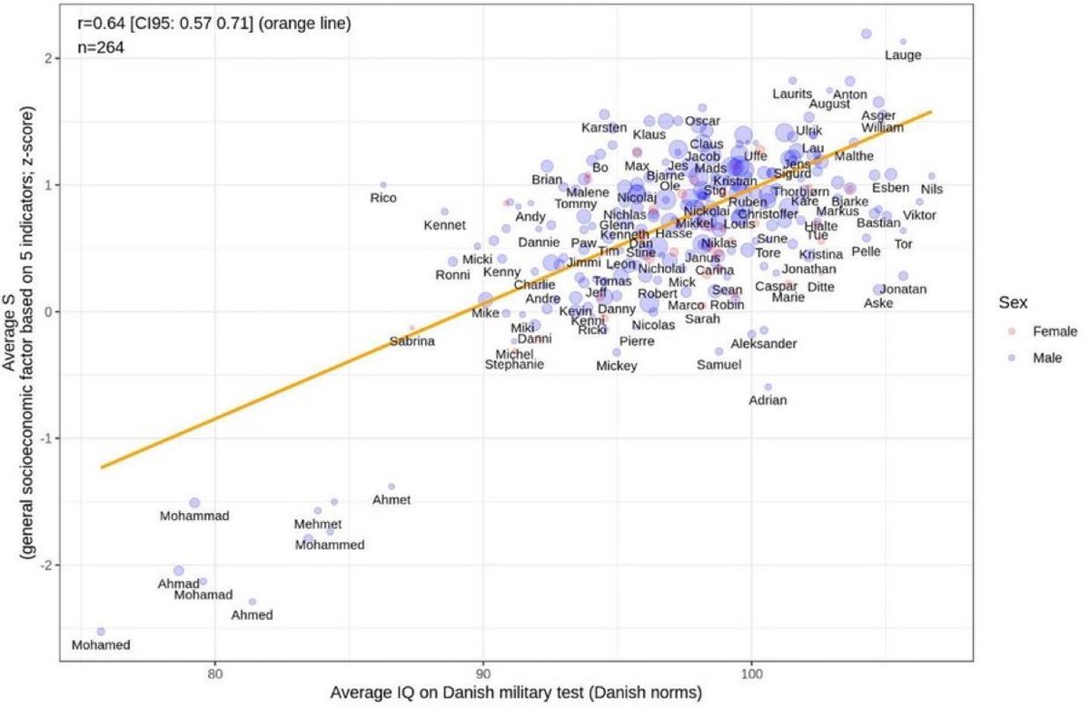 The Danish army conducted IQ tests, then grouped the results by first name...

The results will surprise you (they will not).

Pakistani average IQ is one of the lowest in the world, all of the lowest scoring countries have one thing in common, a 50% or higher frequency of Cousin