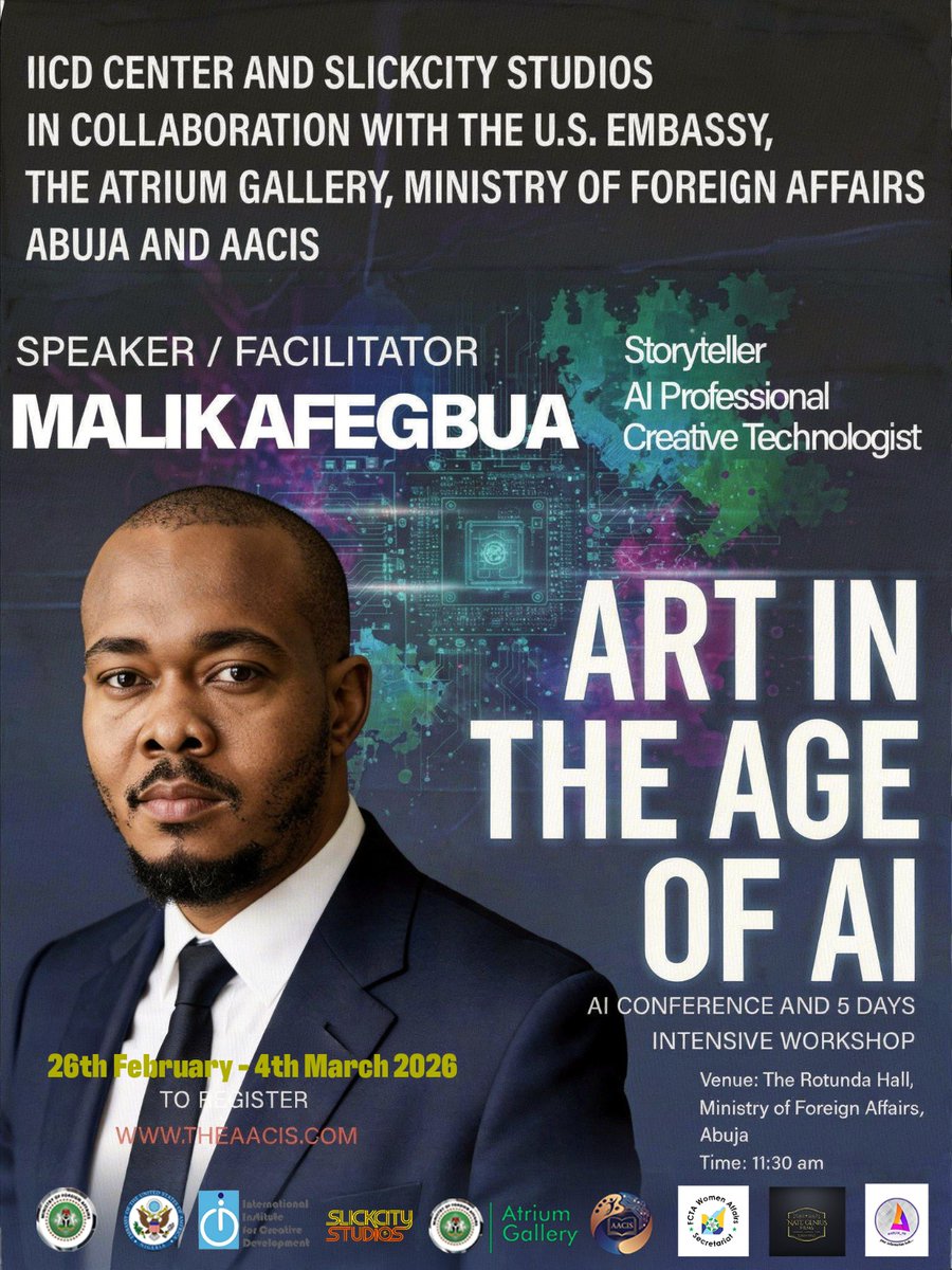AACIS_Official's tweet photo. Link in Bio for Registration   
#ArtInTheAgeOfAI 
#IICDCenter 
#SlickcityStudios 
#AACIS 
#USEmbassyAbuja 
#AtriumGallery https://t.co/E6fBoYBiUC