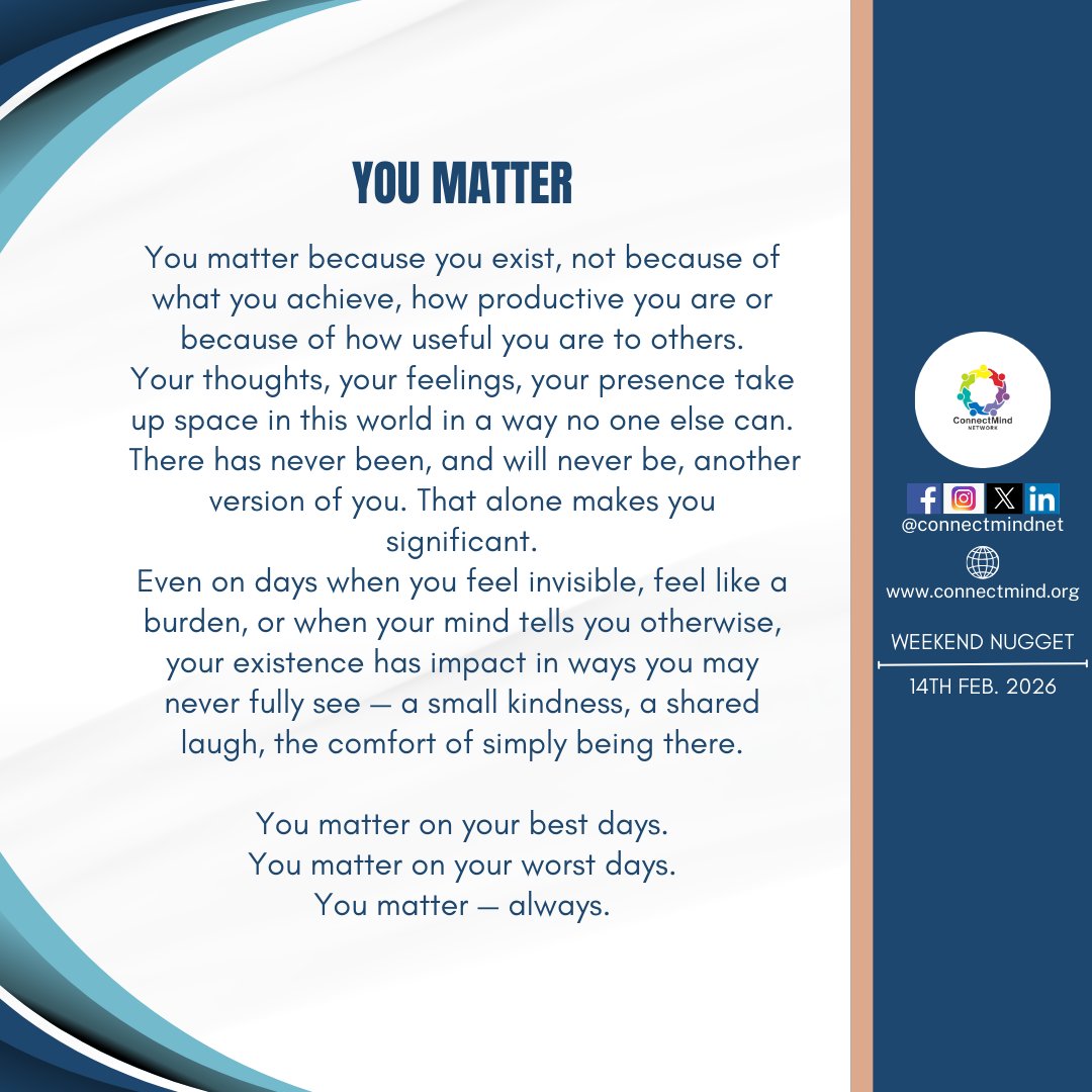 connectmindnet's tweet photo. What matter most is your uniqueness and significance... No one can be you and you can't be others... You exist for a purpose.

More Weekend Nuggets on all @connectmindnet social media platforms. https://t.co/oWbGULZF4s
