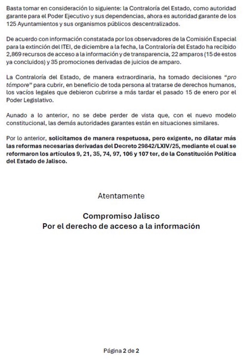 cmora79's tweet photo. Solicitamos de manera respetuosa al @LegislativoJal, pero exigente, no dilatar más las reformas necesarias derivadas del Decreto 29842/LXIV/25, mediante el cual se reformaron los artículos 9, 21, 35, 74, 97, 106 y 107 ter, de la Constitución Política del Estado de Jalisco https://t.co/jIO0yjDWRO