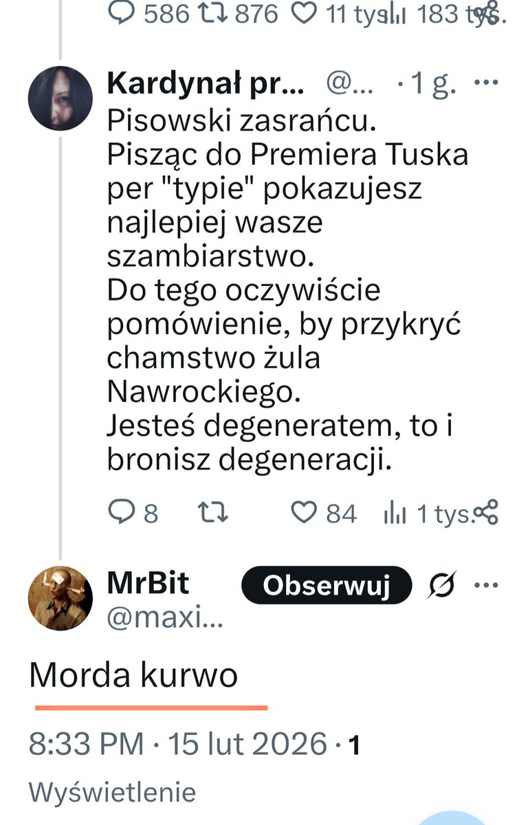 Respirator <a href="/jciesz/">Janusz Cieszyński</a> prócz zwrócenia sie do Premiera 🇵🇱 per "typie", pomówił go o uruchomienie szczucia na świętą rodzinkę oszustów.
Tymczasem to on uruchomił najwulgarniejsze trolle do akcji.
"Niemiecka świnia", "rudy chuj" i wyzywanie od kurew.
Typ swój syf projektuje na innych.