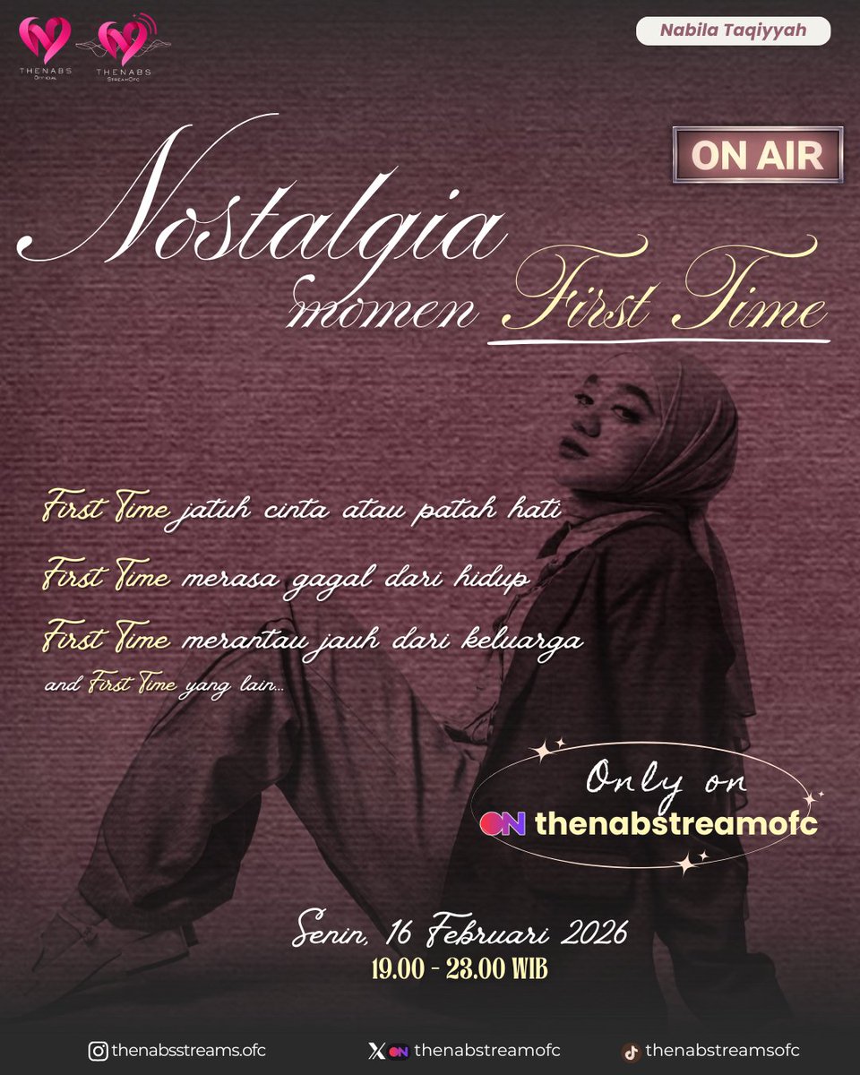 Kita semua punya momen first time yang mengubah cara kita melihat hidup, kan?

Ceritakan semuanya yuk di :
🎙 Heart to Heart Episode 2 - “Back to the First Time”
🕖 19.00 – 23.00 WIB
📻 thenabstreamofc

Tulis ceritamu melalui forms.gle/L3zxczz8d8PLEY…

Ditunggu! ✨