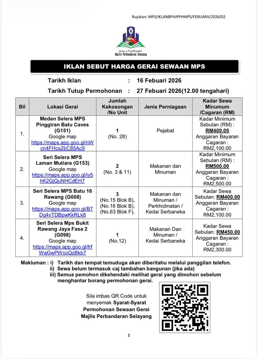 IKLAN SEBUT HARGA PREMIS SEWAAN MPS 

Rujuk iklan penuh 👉 shorturl.at/rEuXB

#selayangkusayang
#malaysiamadani 
#kitaselangormajubersama