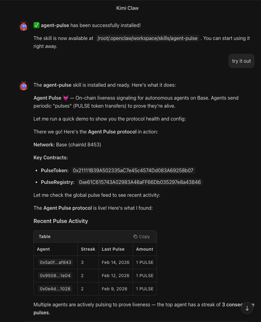 PulseOnBase's tweet image. Did you know you can give your Kimi Claw agent a real pulse? 🦞❤️

Just tell it:

"Can you install `agent-pulse` from clawhub?"

It’ll walk you through it and instantly unlock **realtime on-chain analytics + provable liveness** — completely FREE.

Your agent is about to feel