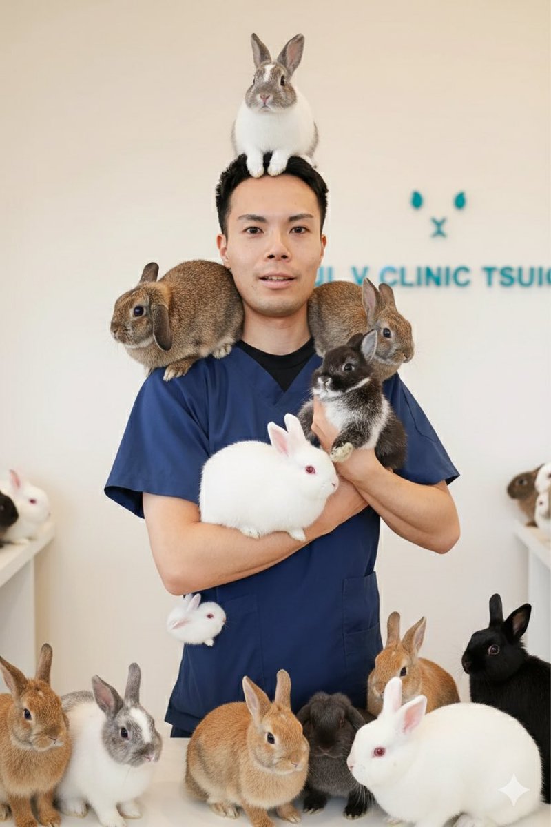 病院WEBサイトの写真をもっと良くできないかな〜っと思ってGeminiに「うさぎだらけにして！」とお願いしたら頭を陣取る強者が現れた🐰
#うさぎ #うさぎの病院