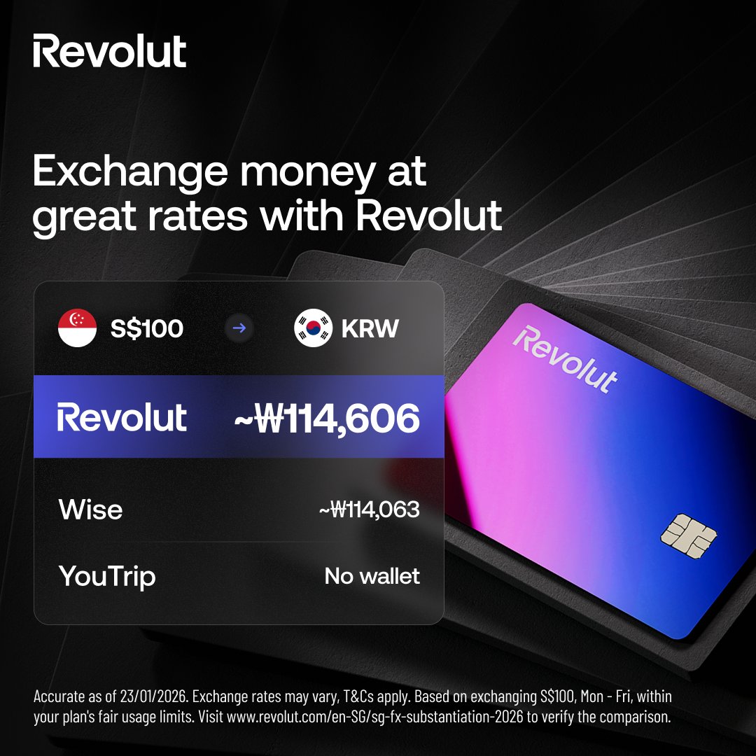 Revolut's tweet photo. Why bother with last-minute exchanges at the airport when you've got 35+ currencies on one card? Travel smart with Revolut ✨
