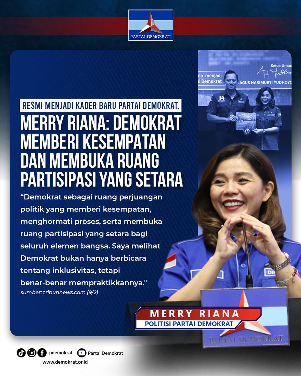 PDemokrat's tweet photo. Resmi Menjadi Kader Baru Partai Demokrat, Merry Riana: Demokrat Memberi Kesempatan dan Membuka Ruang Partisipasi yang Setara

"Demokrat sebagai ruang perjuangam politik yang memberi kesempatan, menghormati proses, serta membuka ruang partisipasi yang setara bagi seluruh elemen bangsa. Saya melihat Demokrat bukan hanya berbicara tentang inklusivitas, tetapi benar-benar mempraktikkannya."

Merry Riana
Politisi Partai Demokrat