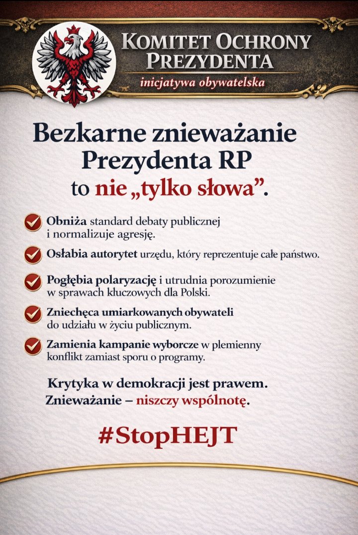 Dlaczego bezkarne znieważanie Prezydenta RP <a href="/NawrockiKn/">Karol Nawrocki</a> szkodzi polskiej racji stanu? Czemu warto domagać się, by <a href="/PK_GOV_PL/">Prokuratura</a> realizowała swe obowiązki w odniesieniu do art. 135 k.k.?
👇