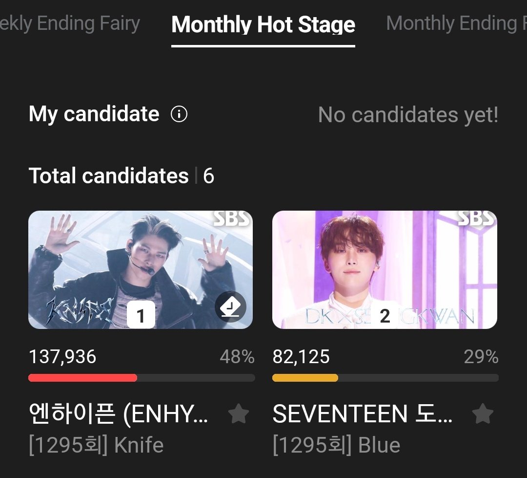 [HIGHER] — MONTHLY HOTSTAGE UPDATE
as of 12 PM KST

#ENHYPEN🥇: 137,936
Gap 🥈: 55,811

ENGENEs, BLIND VOTING has started‼️ Keep collecting and voting for “KNIFE” on Inkigayo Monthly Hotstage! Don’t get complacent—voting is UNLIMITED, and other fandoms can drop their votes all at