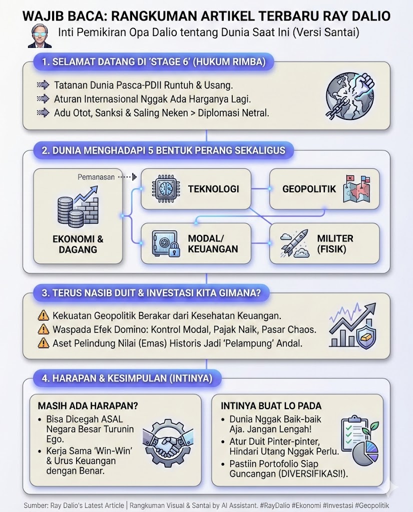 Wajib baca, Ray Dalio baru aja drop artikel terbaru. 

Buat kalian yang males bacanya, gue coba jelasin intinya ke bahasa bayi, kurang lebih kaya gini:

Part 1: Selamat Datang di "Stage 6" (Hukum Rimba)

Opa Dalio ngingetin kalau tatanan dunia yang rapi dan udah jalan sejak