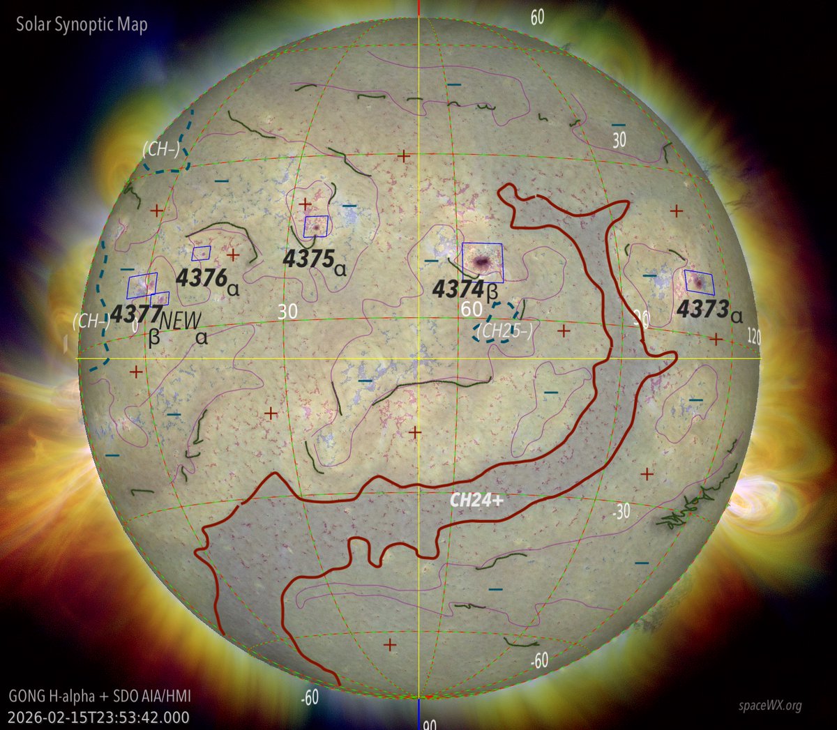 Solar Synoptic Map

- no active regions in the south
- only small, simple and stable regions in the north
- low flare activity, low flare risk

The large coronal hole CH24+ dominates the visible disc and the solar wind near earth with speeds between 600 and 700 km/s