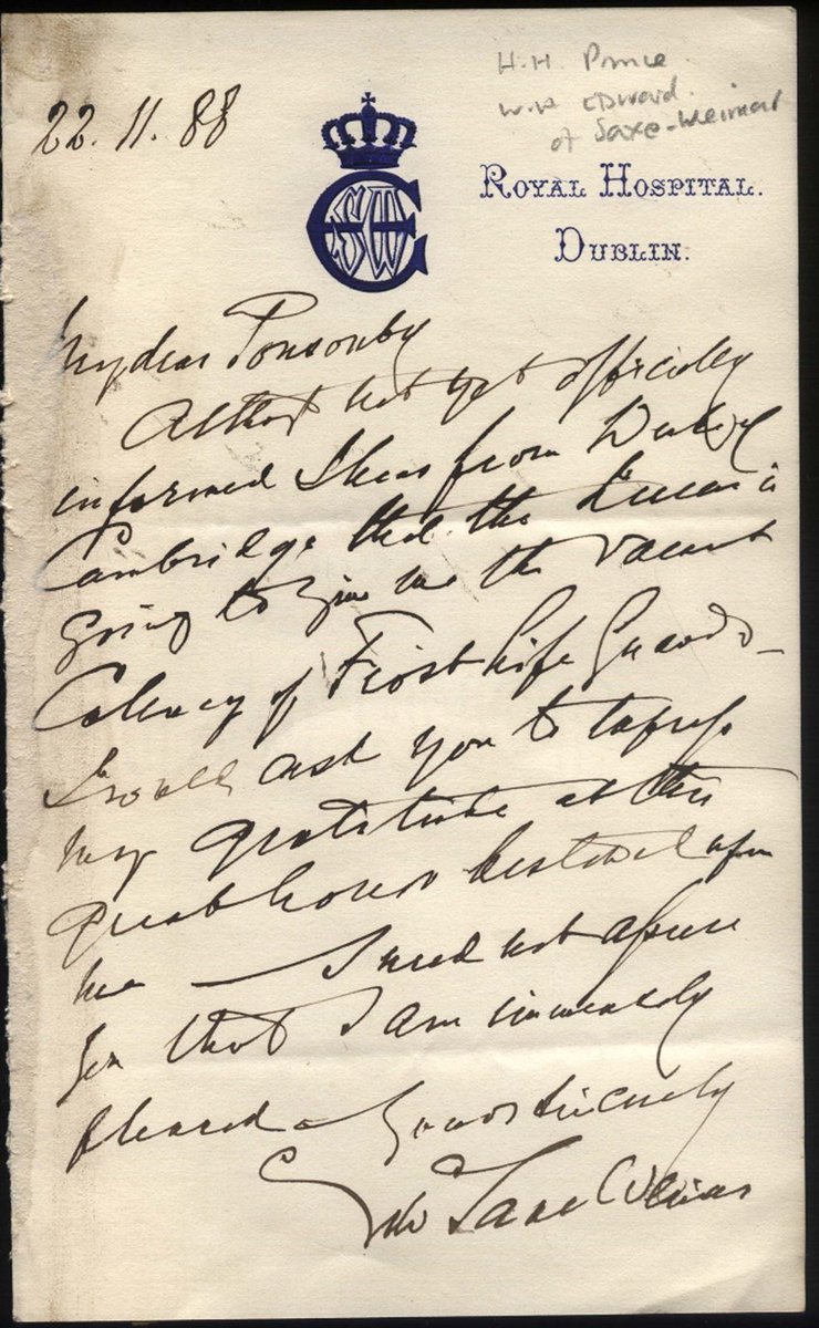 RealRoyalMail's tweet photo. "Although not yet officially informed I hear from (the) Duke of Cambridge that the Queen is going to give me the vacant Colon(el)cy of First Life Guards." 1888 letter of Prince Edward of Saxe-Weimar-Eisenach, British military officer of German descent &amp; nephew of #QueenAdelaide. https://t.co/2avMzDDeEA