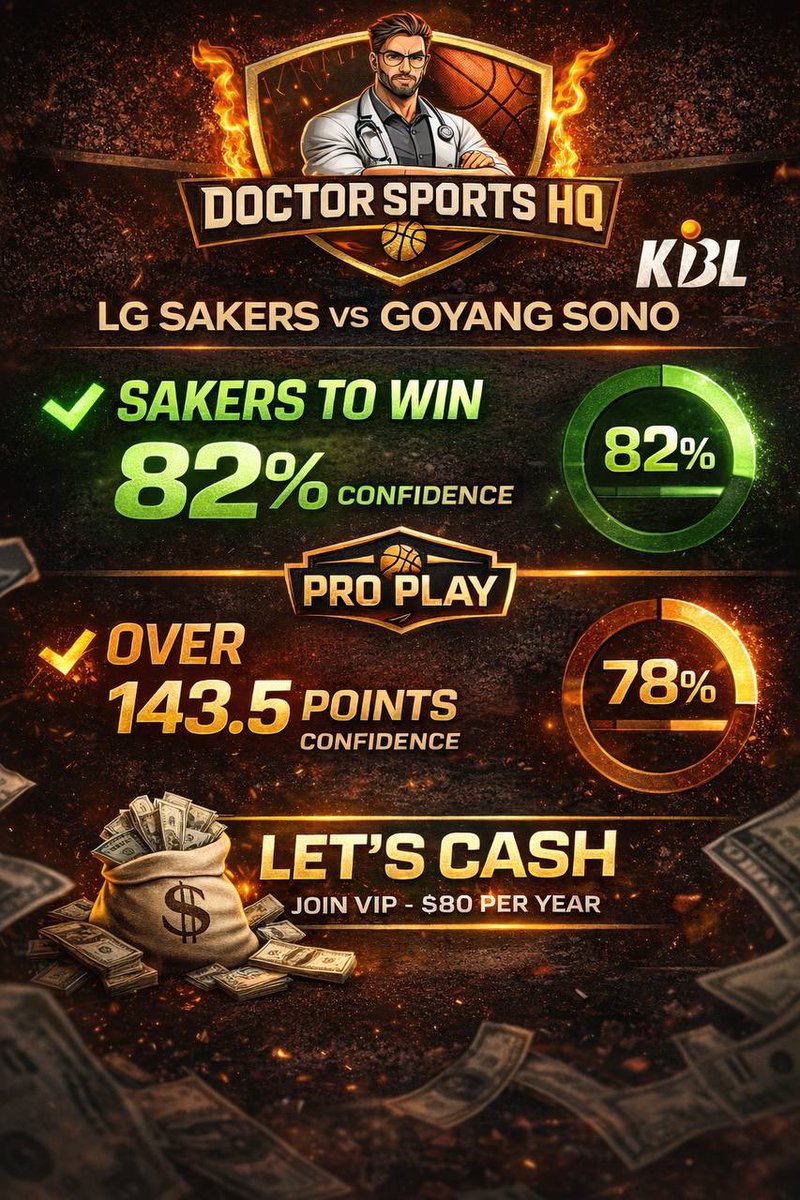 DoctorsportsHQ's tweet photo. FREE 🆓 PLAY
🔥 DOCTOR SPORTS HQ – PRO PLAY 🔥
🏀 LG Sakers vs Goyang Sono
✅ SAKERS TO WIN
📊 82% CONFIDENCE
🔥 OVER 143.5 POINTS
📈 78% CONFIDENCE
Free channel 1 play a day
https://t.co/5CkpSdrLSI
#KBL
#KoreanBasketball
#KBLPicks
#KBLBets
#KBLAction
#KBLBasketball https://t.co/UD7kyr7j8W